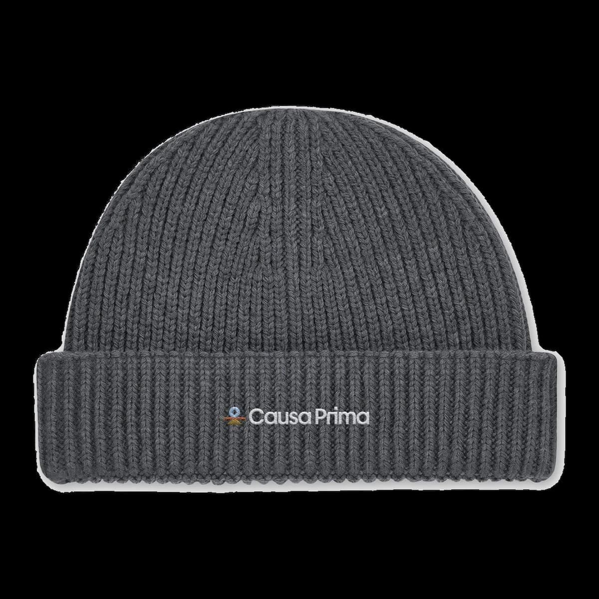 Graphite ribbed beanie with a Causa Prima label