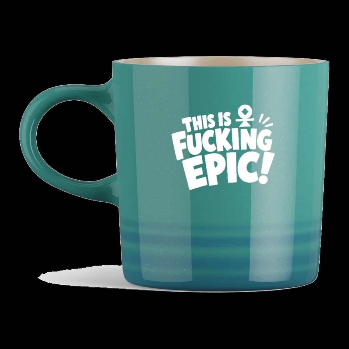 Turquoise gradient ceramic mug with the Causa Prima print
