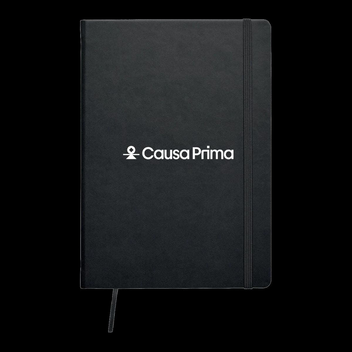 Black hardcover notebook with the Causa Prima logo
