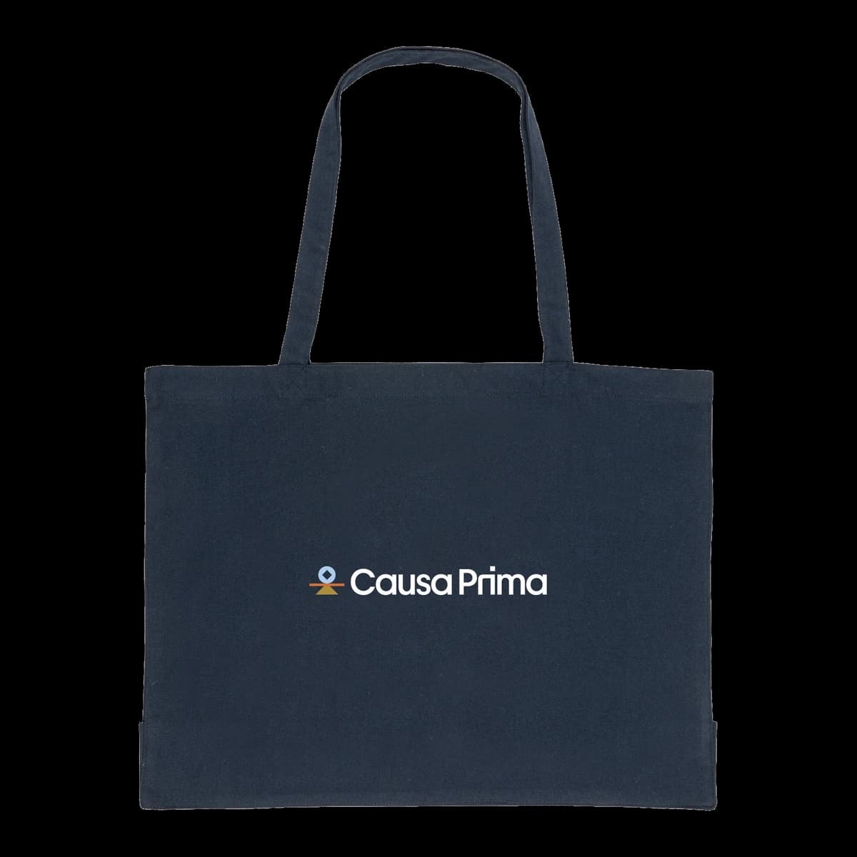 Navy cotton tote bag with a full-color Causa Prima print